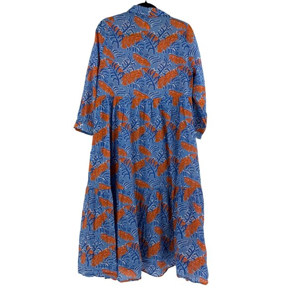 HiHo Womens Long-Sleeve Cotton Dress With Collar In Blue & Orange Size S Made In - Picture 2 of 9